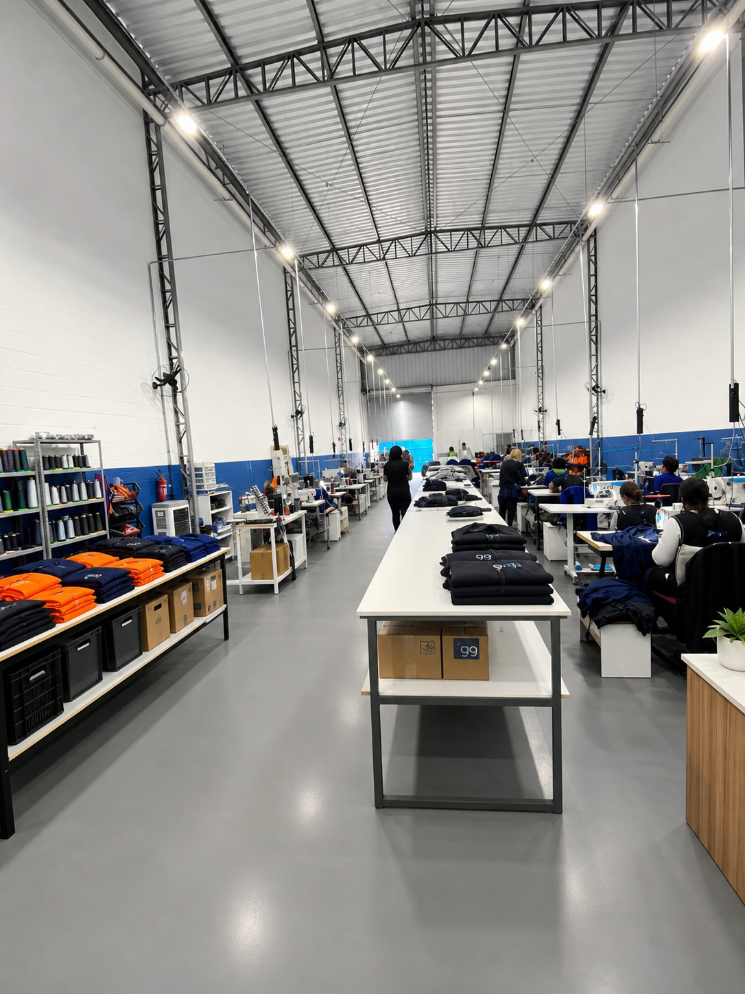 Interior da fábrica Innovare com costureiras em produção